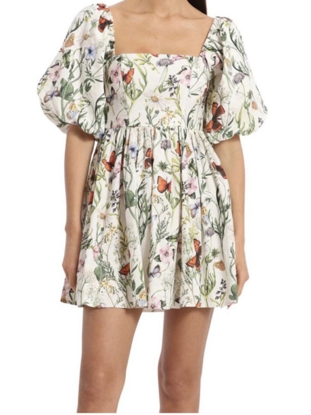 Avec Les Filles Floral Butterfly Linen Blend Puff Sleeve Mini Dress NWT Medium